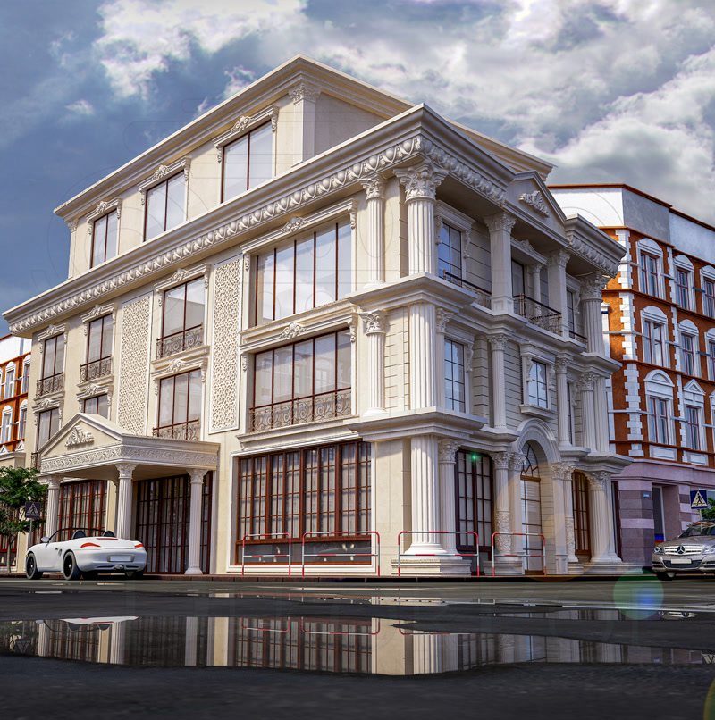 Poliüretan dış cephe kaplama modelleri, pilaster sütunlar, dekoratif pencere söveleri ve taç detayları.
