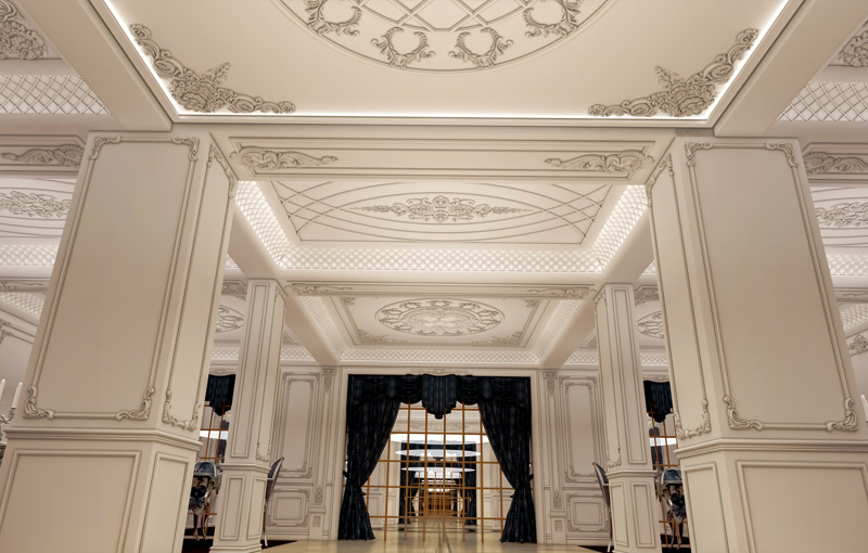 Poliüretan pilaster sütun, tavan göbeği ve kartonpiyer çıta modelleri ile dekore edilmiş geniş iç mekan tasarımı.