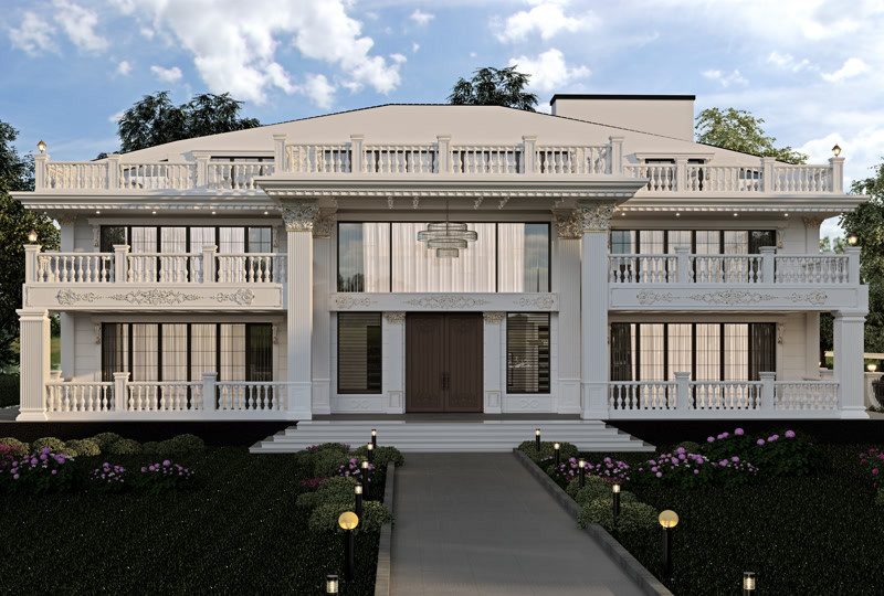 Poliüretan pilaster sütun, pencere sövesi ve balkon korkuluğu ile dekore edilmiş beyaz klasik villa dış cephesi