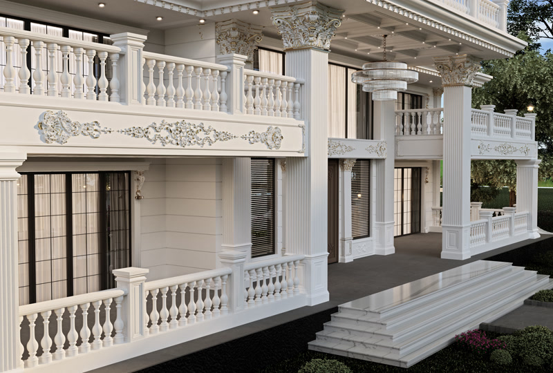 Görkemli klasik villa dış cephesinde uygulanan poliüretan pilaster sütunlar, balkon balustradları ve pencere söveleri.