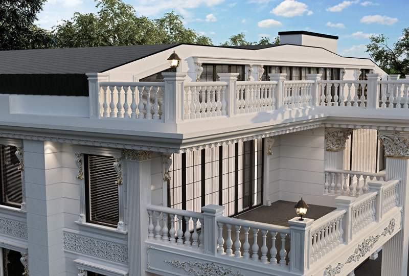 Klasik villa dış cephesinde uygulanan poliüretan pilaster sütun, pencere sövesi ve balkon küpeşte detayları.