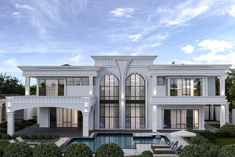 Geniş kemerli pencereleri, pilaster sütunları ve beyaz söve kaplamaları olan iki katlı havuzlu modern klasik villa cephesi.
