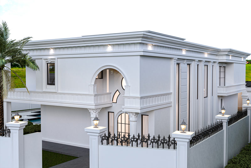 Poliüretan söve ve pilaster sütun kaplamalı iki katlı beyaz klasik villa dış cephe tasarımı ve bahçe duvarı.