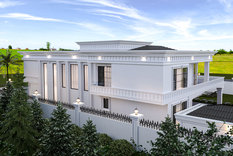 Klasik villa dış cephesinde kullanılan beyaz poliüretan pilaster sütun, pencere sövesi ve bahçe duvarı kaplama uygulaması.