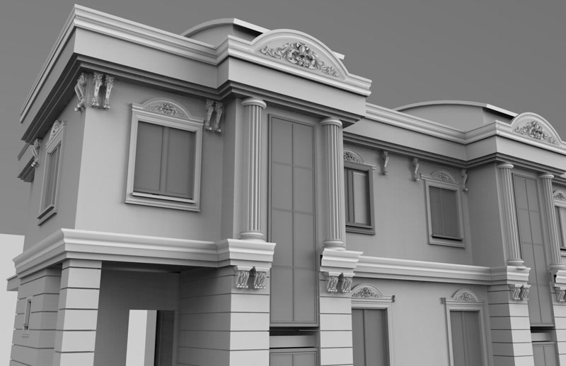 Poliüretan söve, oluklu sütun, taç ve payanda detaylarına sahip klasik villa dış cephe kaplama tasarımı.