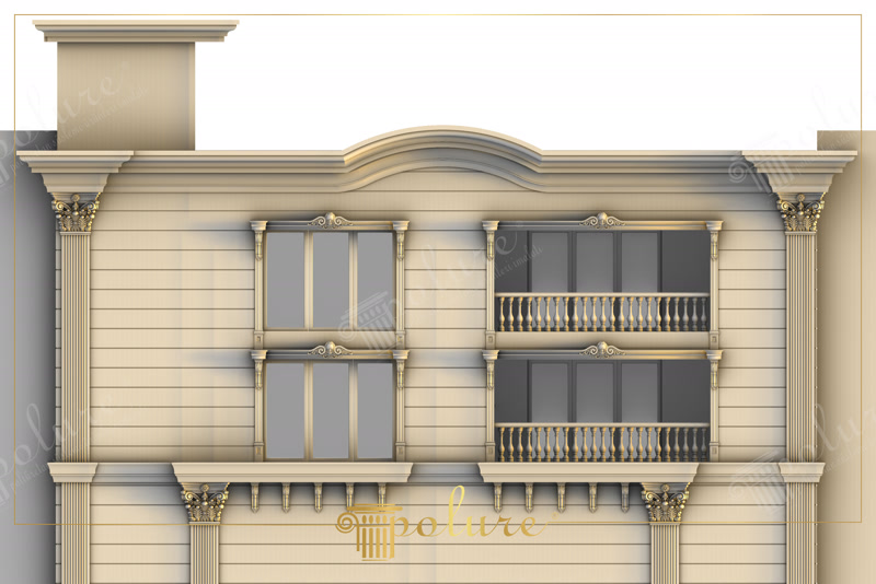 Klasik tarzda tasarlanmış, korint sütun başlıklı, balkon balustradlı ve söveli poliüretan dış cephe kaplama modeli.