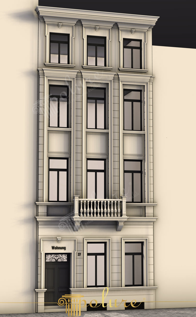 Poliüretan dış cephe söve, pilaster ve balustrad balkon korkuluğu kaplaması uygulanan çok katlı bina tasarımı.