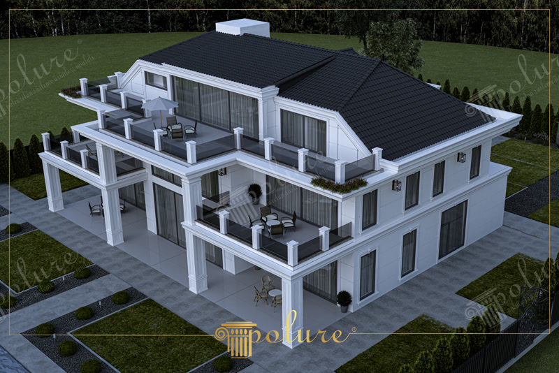 Geniş teraslı ve siyah kiremit çatılı beyaz poliüretan prekast dış cephe kaplamalı modern villa tasarımı