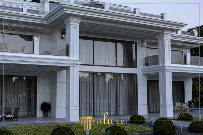Poliüretan kare yivli sütun kaplama, kat silmesi ve kaset tavan detaylı modern villa dış cephe tasarımı.