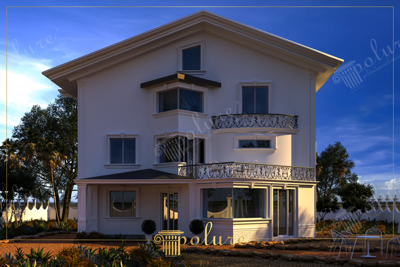 Üç katlı beyaz müstakil villa dış cephesinde poliüretan pencere sövesi, kat silmesi ve balkon dekorasyonu uygulaması.