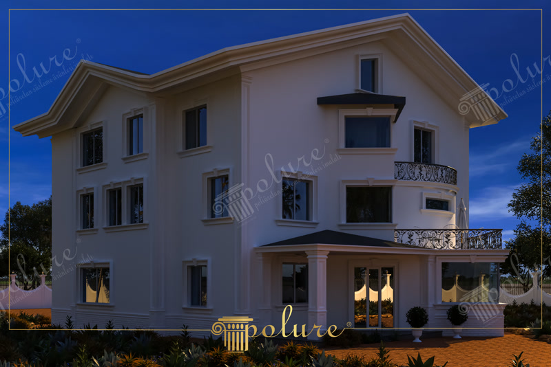 Görkemli villa dış cephesinde kullanılan beyaz poliüretan pencere söveleri, kat silmeleri ve sütun kaplamaları.
