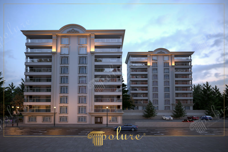 Klasik apartman dış cephesinde kullanılan poliüretan yivli pilaster sütunlar, pencere söveleri ve taç süslemeleri.