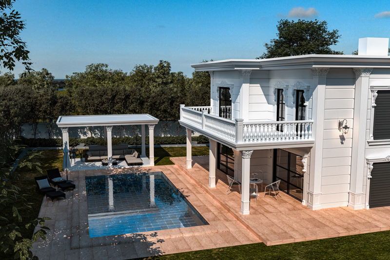 Poliüretan dış cephe kaplama, dekoratif balkon sütunları ve balustrad korkuluk uygulaması yapılan klasik beyaz villa.
