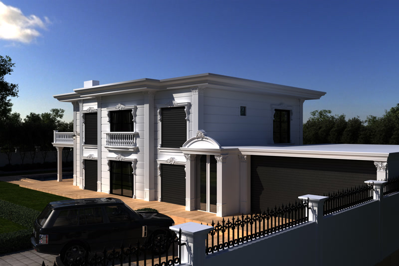 Poliüretan dış cephe söve, dikey pilaster ve kat silmesi kaplamalı iki katlı beyaz klasik villa tasarımı.