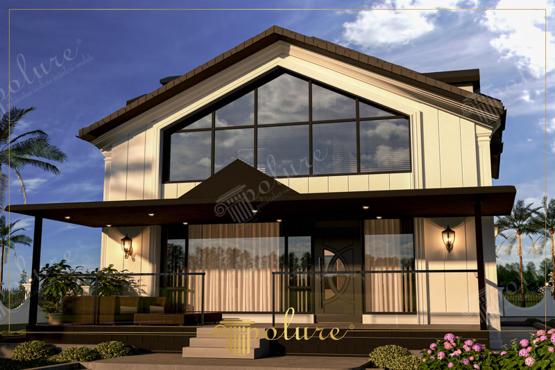 Poliüretan dikey panel, pencere sövesi ve pilaster sütun kaplamalı iki katlı modern villa dış cephesi.