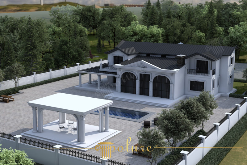 Klasik villa dış cephesinde kullanılan poliüretan söve, sütun kaplama ve prekast kemer süsleme modelleri.