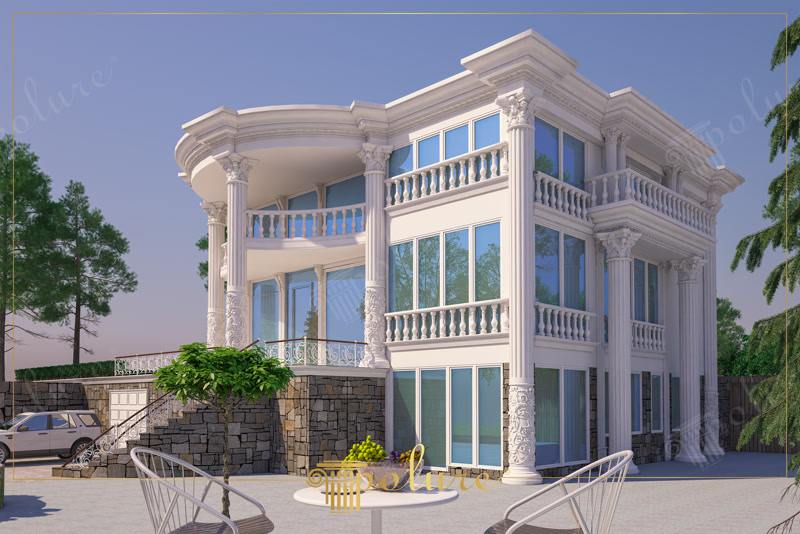 Beyaz poliüretan sütun ve balkon korkulukları ile dekore edilmiş iki katlı villa dış cephe modeli.
