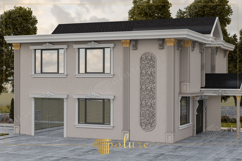 Poliüretan söve, yivli pilaster sütun ve dekoratif taç detayları ile yapılmış iki katlı klasik villa dış cephe kaplaması.