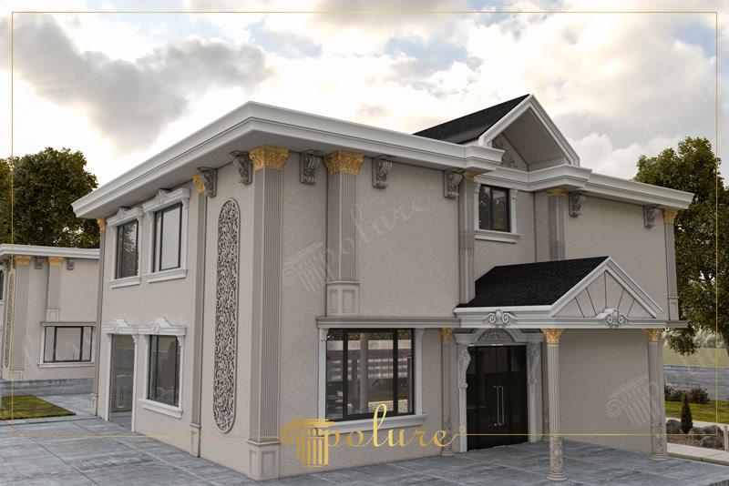 İki katlı lüks villa dış cephesinde poliüretan söve, pilaster sütun ve dekoratif payanda uygulaması