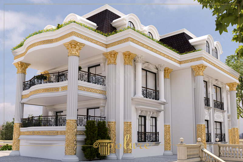 Altın detaylı poliüretan sütun ve sövelerle süslenmiş iki katlı klasik villa dış cephe dekorasyonu.
