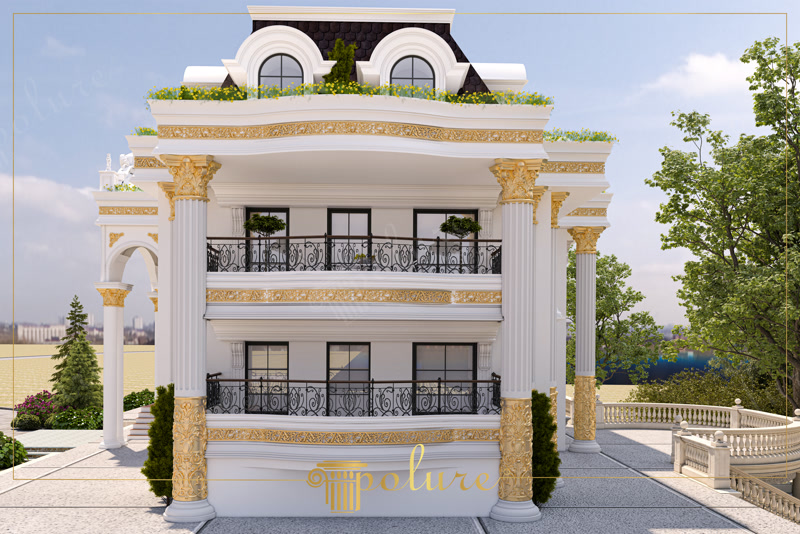 Poliüretan kaplama ile dekoratif oluklu sütunlar, söveler ve balustrad korkuluklar kullanılan klasik villa dış cephesi.