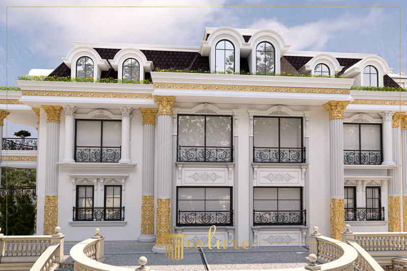 Altın varak detaylı poliüretan sütunlar, pencere söveleri ve küpeşte balustrad ile klasik villa dış cephe kaplaması.