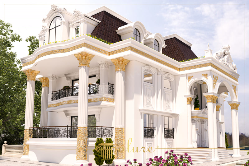 Klasik villa dış cephesinde poliüretan sütun, pencere sövesi ve altın varaklı dekoratif kaplama modelleri.