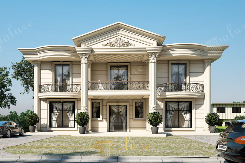 Poliüretan dış cephe sütun kaplamaları, pencere söveleri ve alınlık taçlarıyla dekore edilmiş iki katlı klasik villa modeli