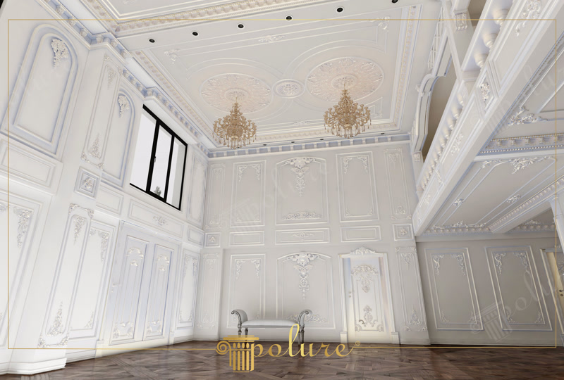 Klasik villa galeri boşluğunda poliüretan duvar çıtaları, pilaster sütunlar ve tavan göbeği süsleme uygulaması.