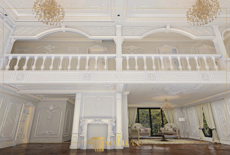 Çift katlı villa salonunda poliüretan pilaster sütun, şömine sövesi ve tavan taç kaplama uygulaması