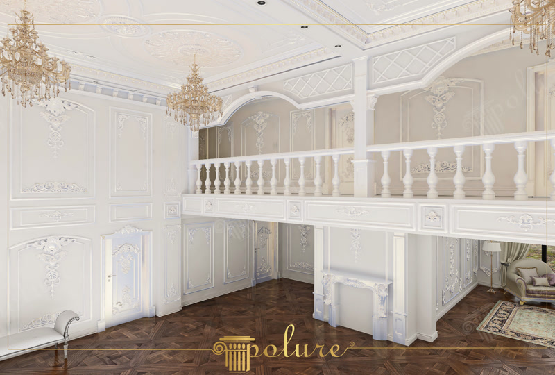Poliüretan pilaster sütun ve duvar çıtaları ile dekore edilmiş yüksek tavanlı villa salon ve galeri alanı.