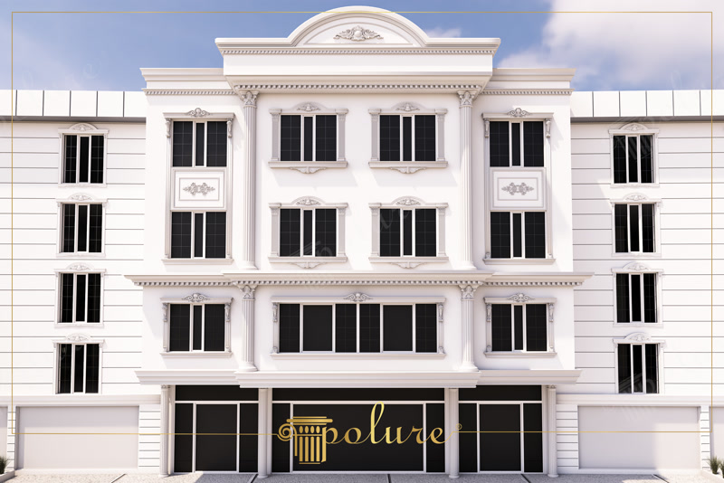Beyaz poliüretan dış cephe kaplama, yivli pilaster sütunlar ve dekoratif pencere söveleri içeren bina cephe tasarımı.