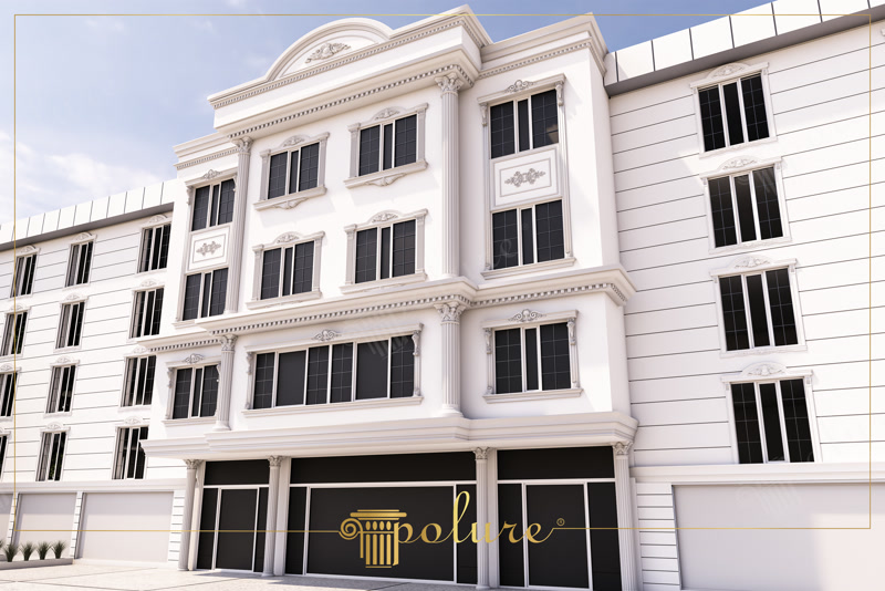 Beyaz poliüretan pencere sövesi, pilaster sütun ve dekoratif taç modelleriyle tasarlanmış klasik bina dış cephesi