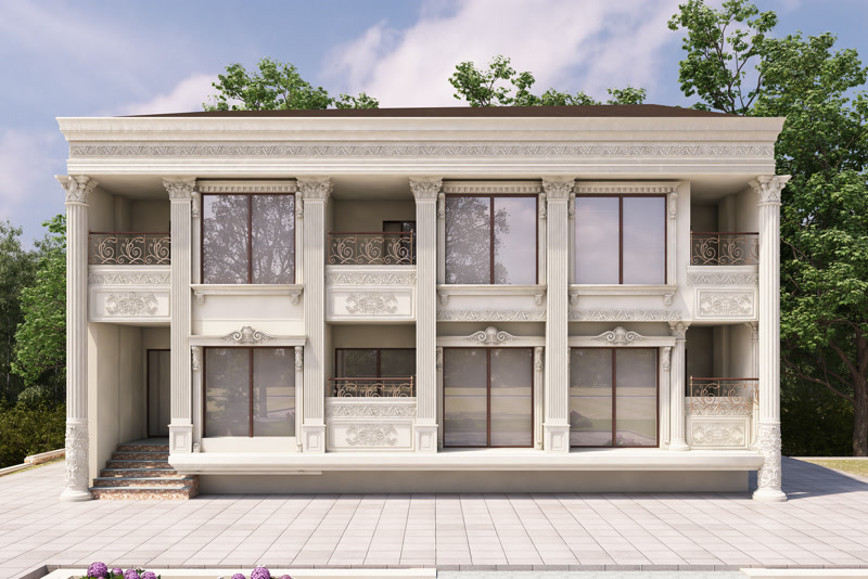 Poliüretan dış cephe sütun, pilaster ve söve kaplamaları ile tasarlanmış iki katlı klasik villa cephesi.