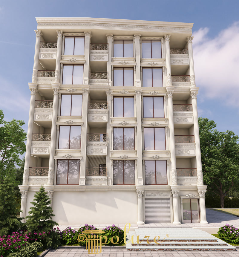 Klasik altı katlı binanın dış cephesinde kullanılan poliüretan pilaster sütunlar, pencere söveleri ve kat silmesi kaplamaları.