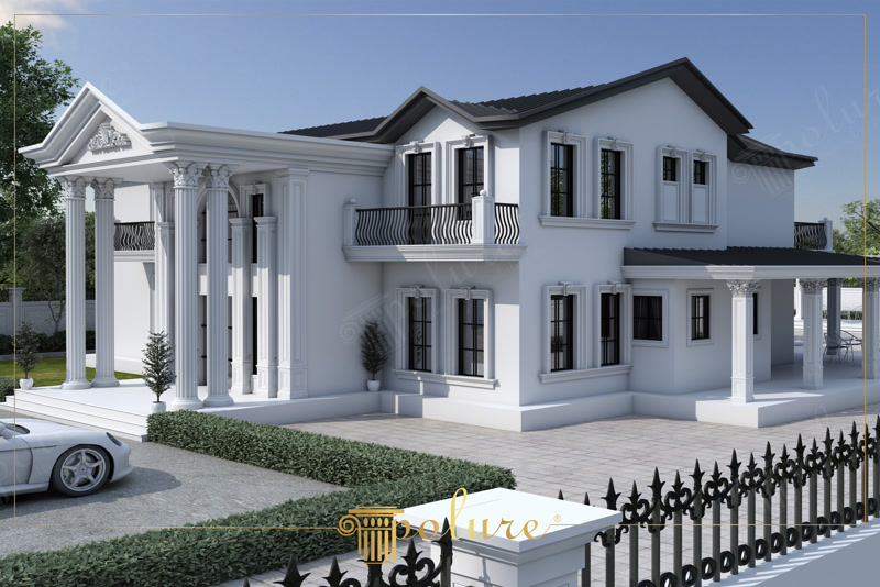 Klasik beyaz villa dış cephesinde poliüretan sütun kaplama, pencere söveleri ve kat silmesi uygulaması
