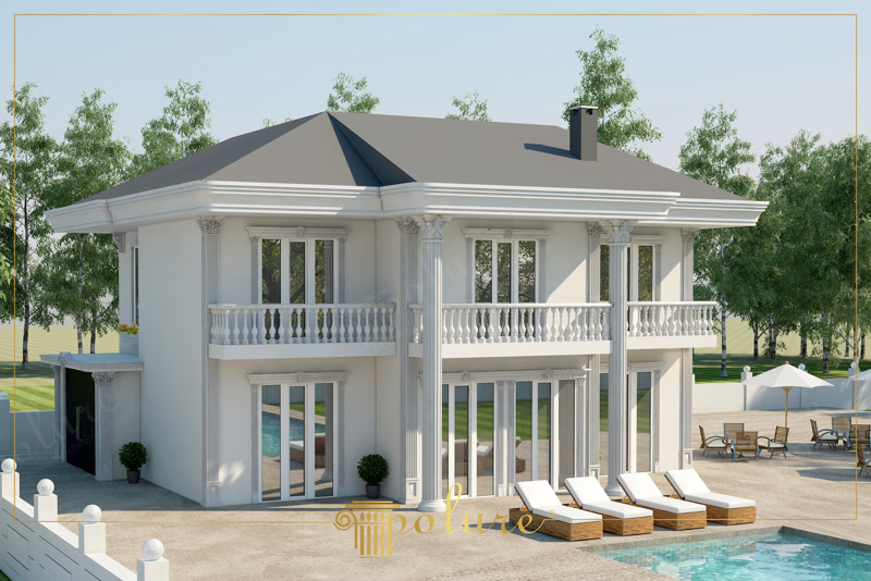 Beyaz iki katlı klasik villa dış cephesinde poliüretan sütunlar, balustradlar ve söve kaplamaları