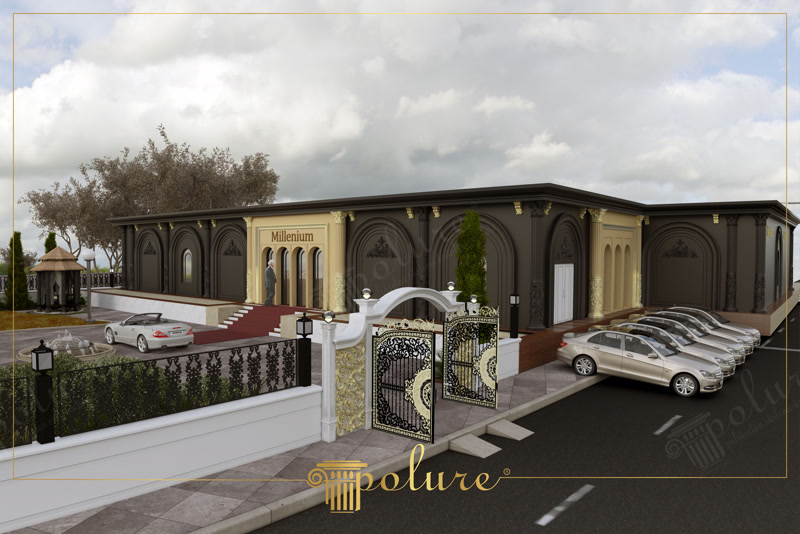 Siyah ve altın renkli poliüretan pilaster sütun ve duvar panelleriyle dekore edilmiş düğün salonu dış cephesi.