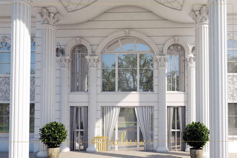 Poliüretan sütun ve kemer kaplamalı villa dış cephe tasarımı ve ekonomik dekoratif panel uygulaması