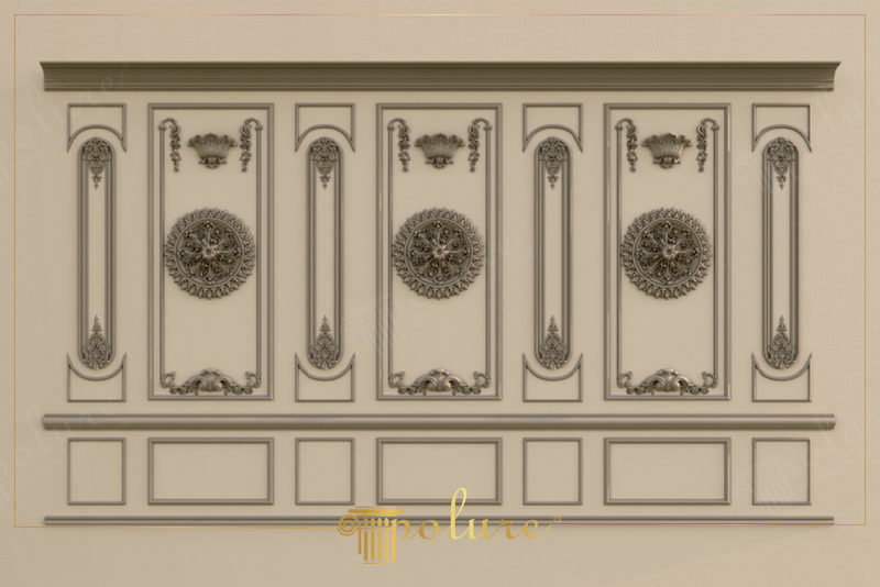 Poliüretan duvar çıtaları, P83091 tavan kornişi ve dekoratif göbek ile tasarlanmış klasik boiserie panel uygulaması.