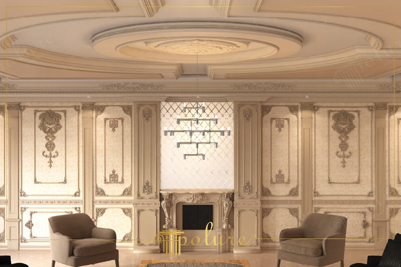 Klasik salon duvarında poliüretan çıta kaplama, P5020 pilaster sütun ve P8088 motifli süsleme uygulaması