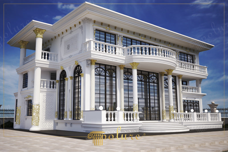 Poliüretan dış cephe sütunları, kemerli pencere söveleri ve altın detaylı balkon korkuluk süslemelerine sahip klasik villa.