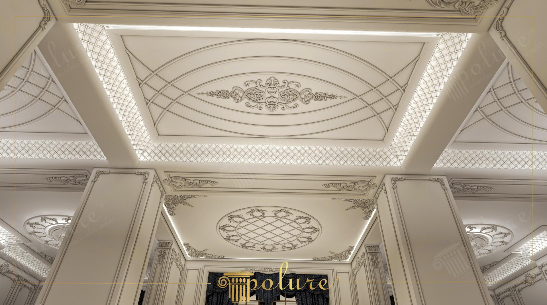 Klasik düğün salonu için poliüretan pilaster sütun ve kasetli tavan dekorasyon uygulaması