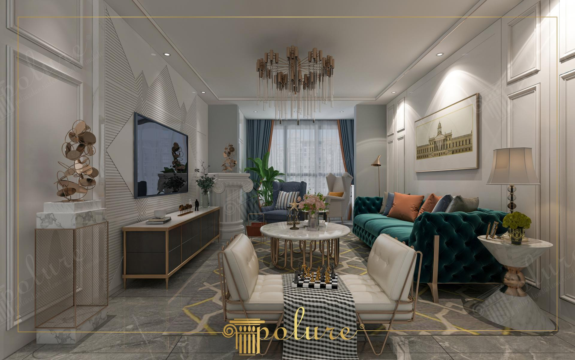 Modern salonda TV arkasında kullanılan P36060 geometrik poliüretan duvar paneli ve duvar çıtalama uygulaması.