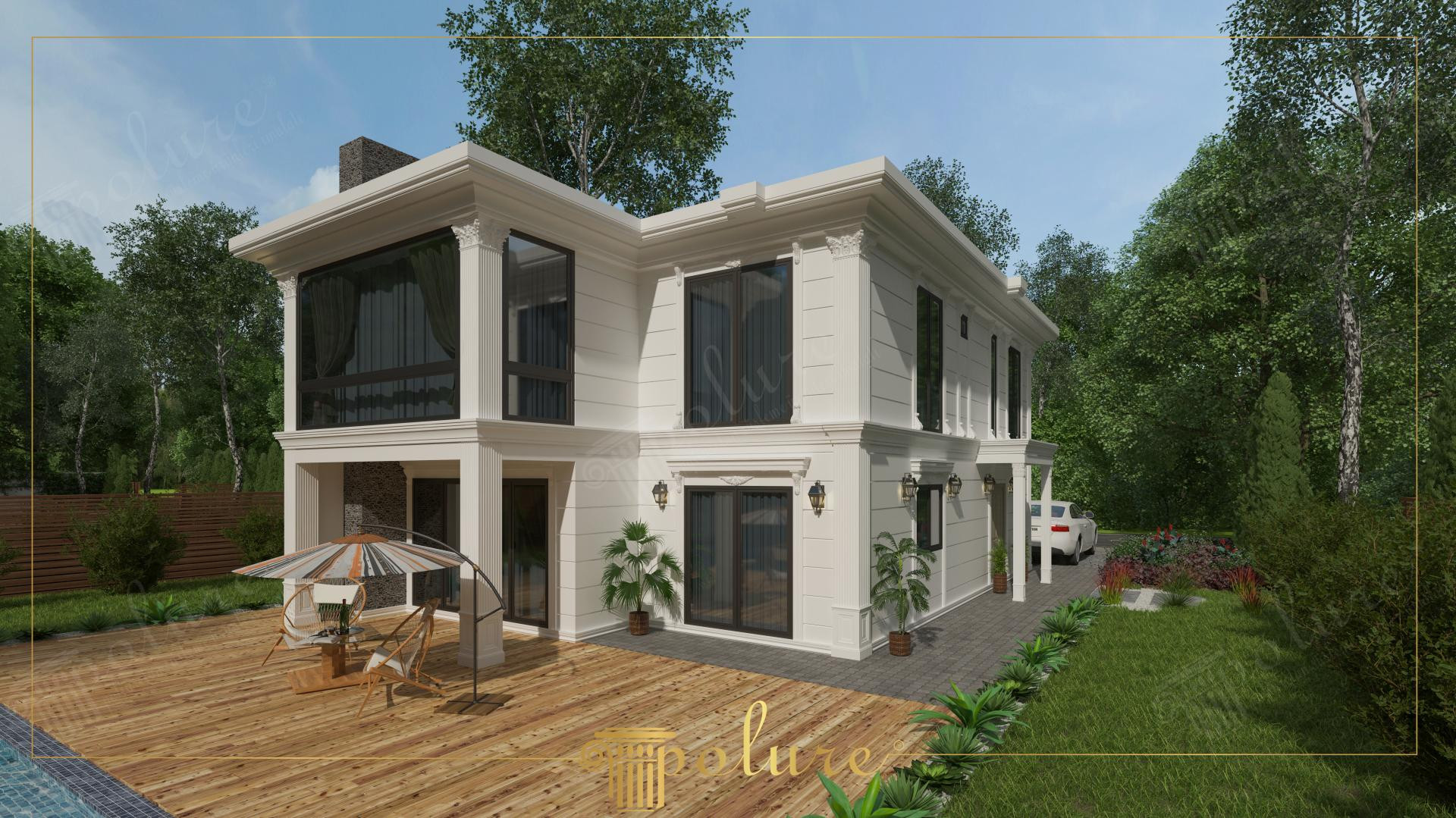 Poliüretan söve, pilaster sütun ve pencere tacı ile kaplanmış modern villa dış cephe dekorasyon örneği.