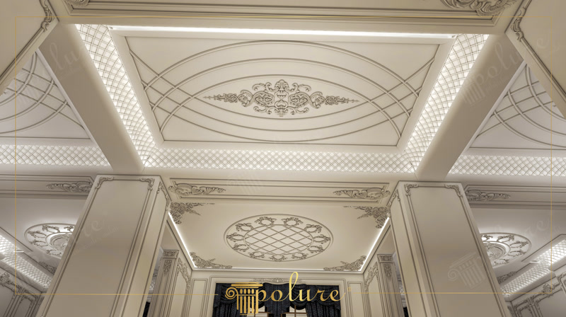 Klasik düğün salonu için poliüretan pilaster sütun ve kasetli tavan dekorasyon uygulaması