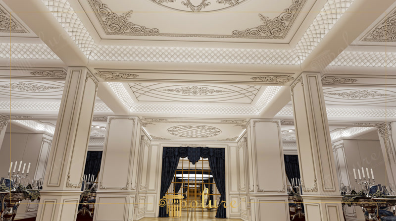 Poliüretan pilaster sütun, tavan kartonpiyeri ve duvar çıtaları ile dekore edilmiş düğün salonu iç mekanı.