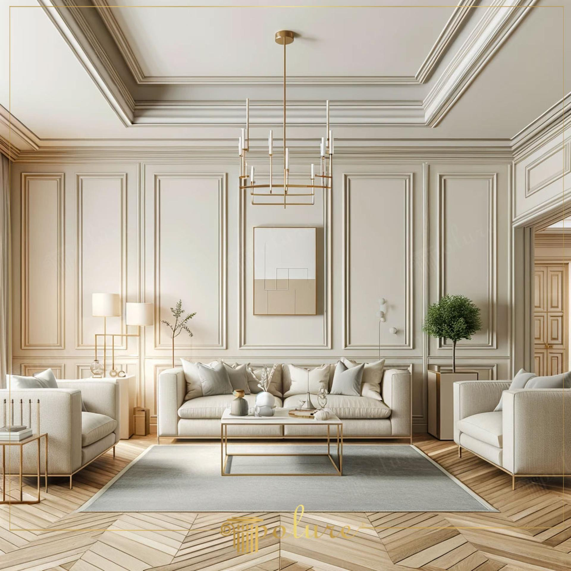 Açık bej duvar çıtalama modelleriyle dekore edilmiş modern ve lüks bir salonun perspektif görünümü.
