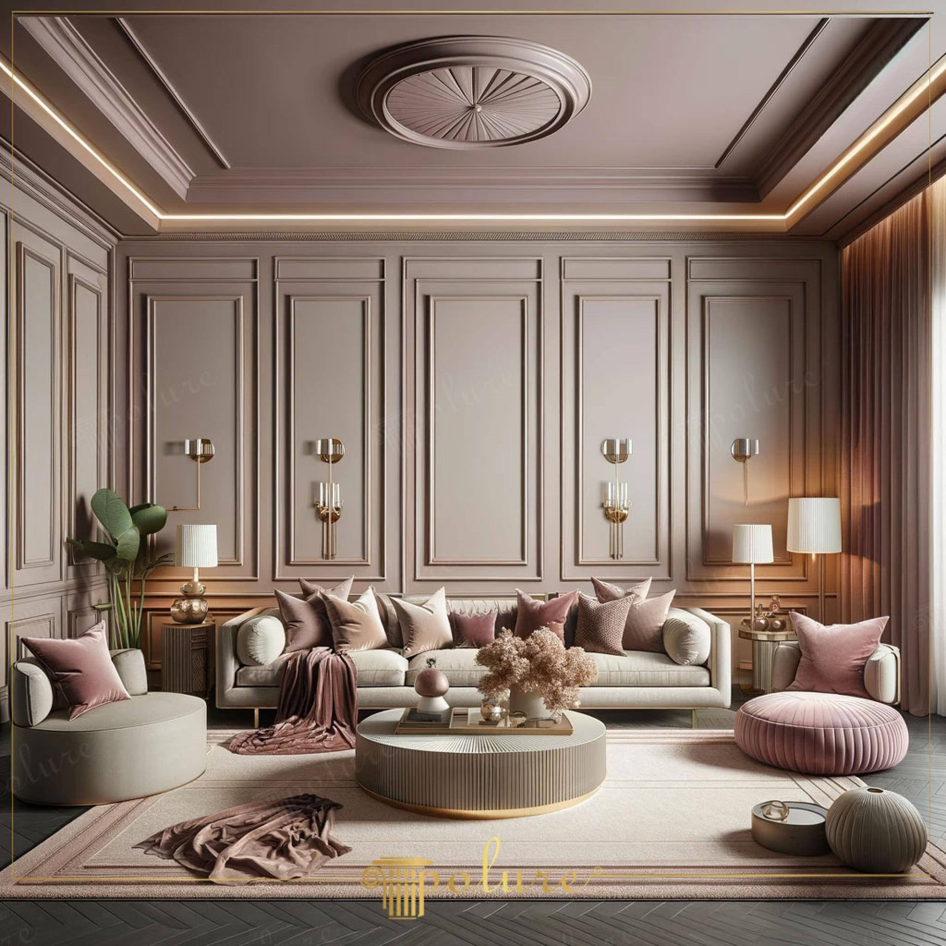 Poliüretan duvar çıtalama ve tavan süslemeleri ile dekore edilmiş, vizon ve pudra tonlarında modern klasik salon.