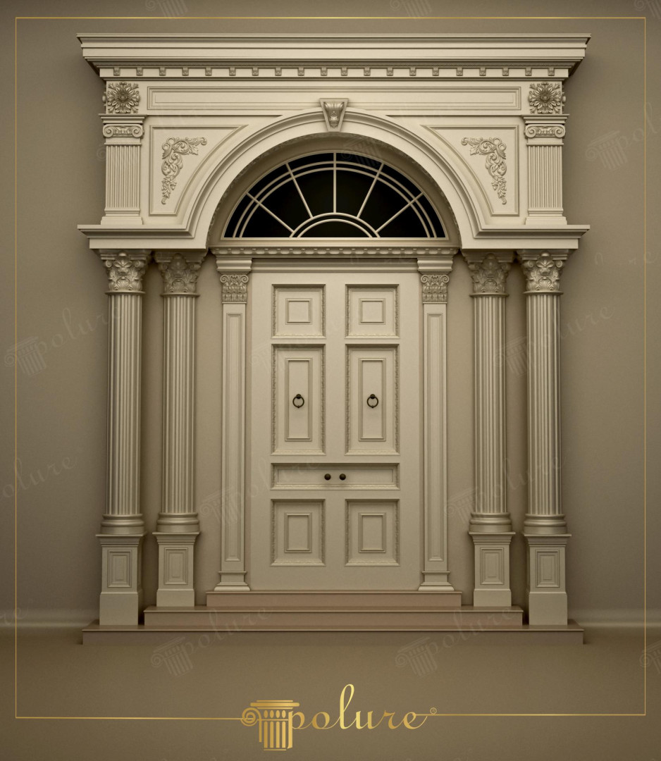 Lüks villa girişinde poliüretan pilaster sütunlar, yuvarlak kemerli kapı sövesi ve klasik dış cephe süslemeleri.